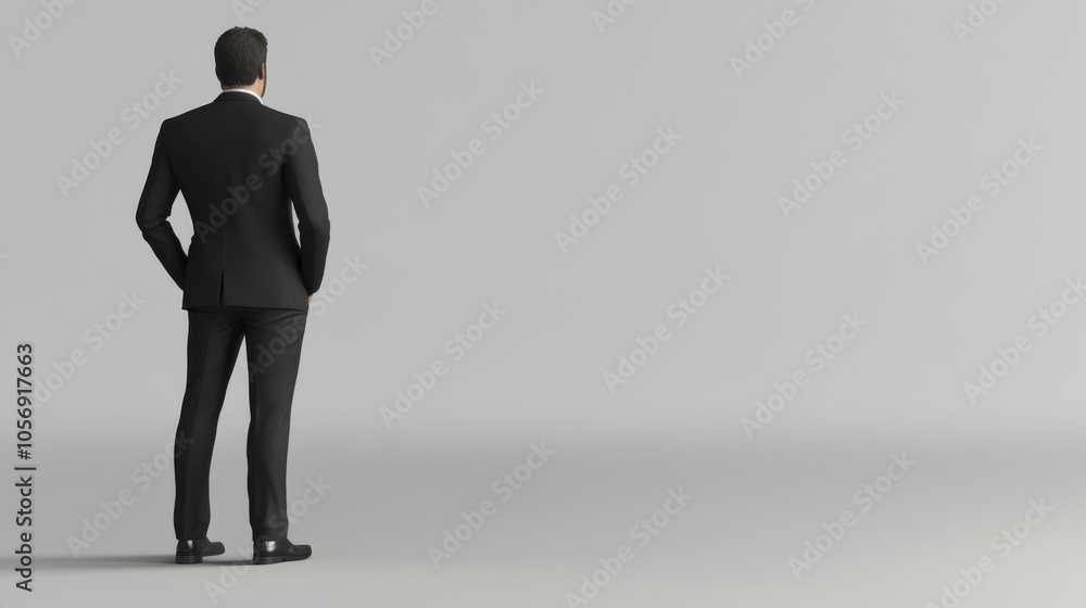 A businessman standing confidently in a suit, facing a blank wall, symbolizing contemplation and future possibilities. A businessman standing confidently in a suit, facing a blank wall, symbolizing contemplation and future possibilities.