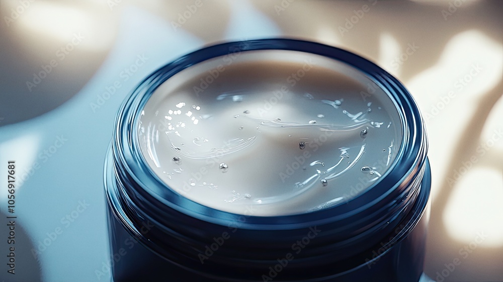 Close-up skincare cream jar product against soft-focus background Close-up skincare cream jar product against soft-focus background