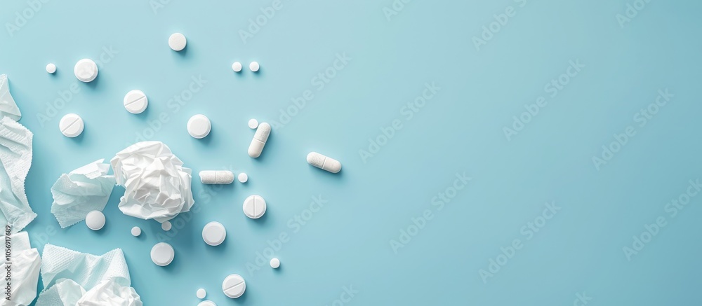 Pills And Crumpled Napkin On Blue Background Concept Of Allergy Or Cold Pills And Crumpled Napkin On Blue Background Concept Of Allergy Or Cold
