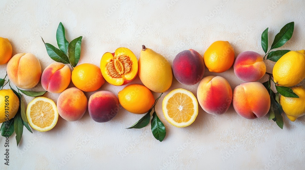 Variety of ripe peaches mangoes and lemons displayed on a light textured backdrop Variety of ripe peaches mangoes and lemons displayed on a light textured backdrop
