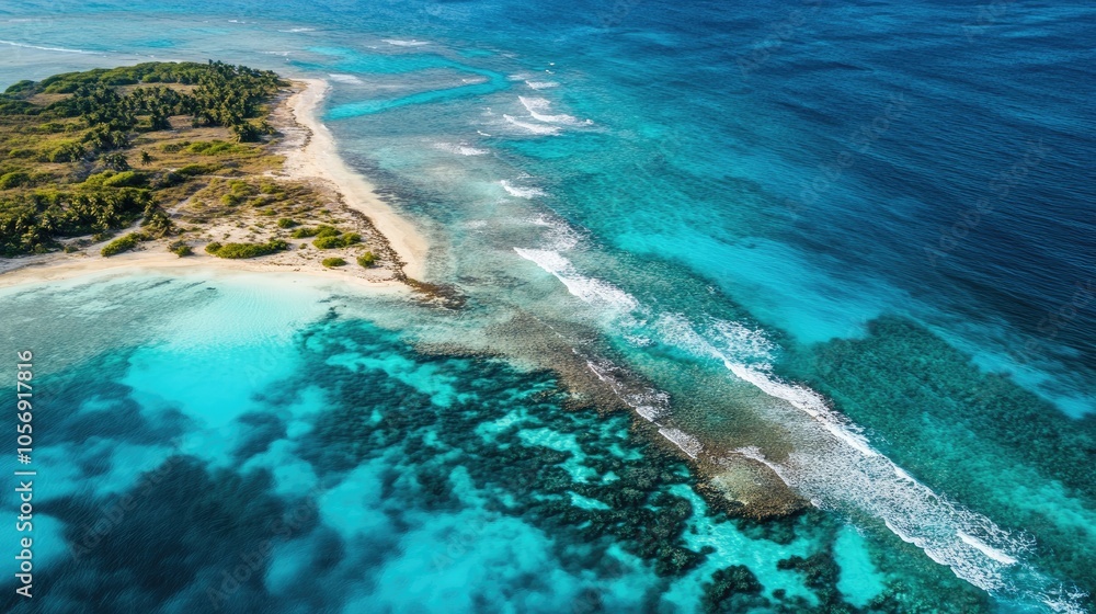 Aerial view of a desert island coastline where turquoise waters crash against a rocky reef Aerial view of a desert island coastline where turquoise waters crash against a rocky reef