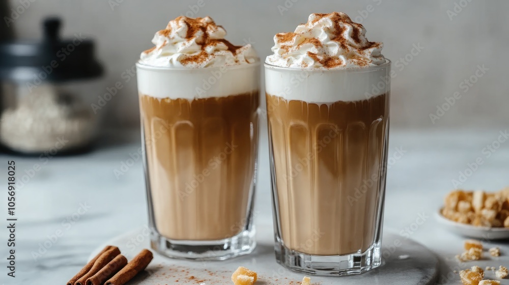 Two tall glasses of warm coffee topped with whipped milk foam cinnamon and caramel on a marble surface Two tall glasses of warm coffee topped with whipped milk foam cinnamon and caramel on a marble surface