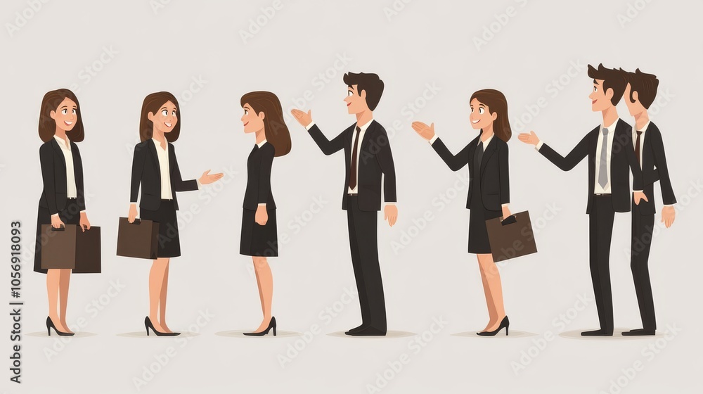 Obraz premium A cartoon-style illustration of business professionals engaging in conversation, showcasing teamwork and collaboration in the workplace.