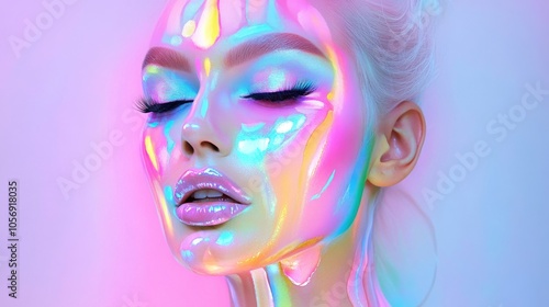 A captivating portrait featuring luminous and colorful makeup with a holographic effect on a model's serene face.