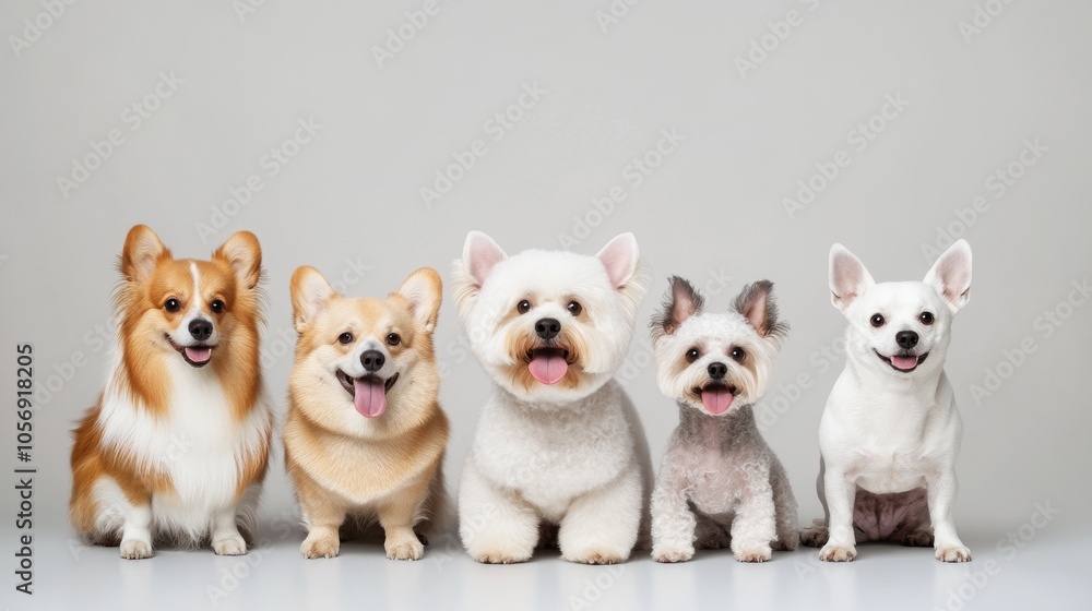 A charming group of happy dogs poses together, showcasing their unique breeds and personalities in a playful and friendly manner. A charming group of happy dogs poses together, showcasing their unique breeds and personalities in a playful and friendly manner.