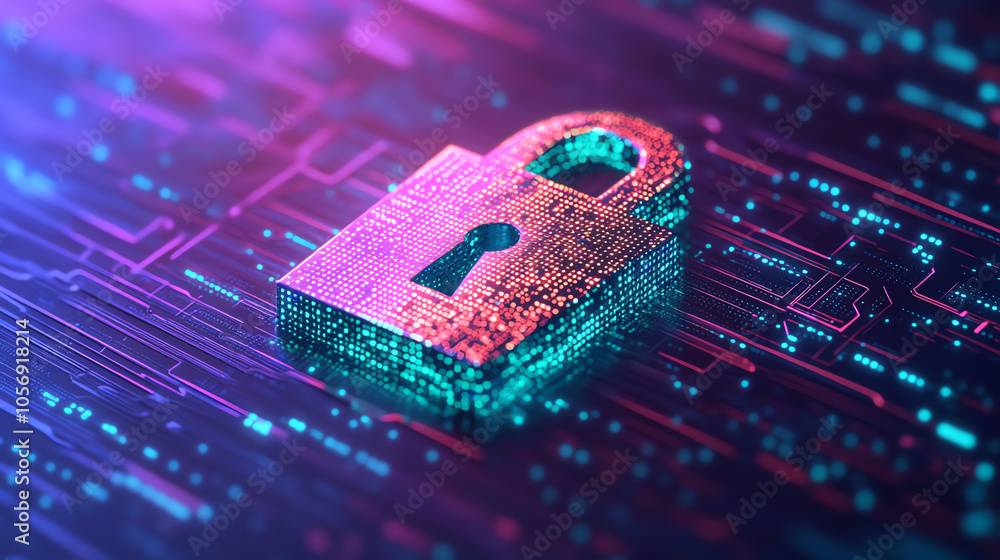 A colorful digital padlock symbolizing data security on a vibrant circuit board background, showcasing modern cyber protection concepts.