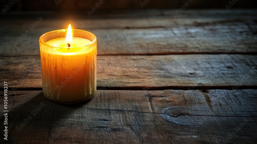 A solitary candle emits a gentle warm glow on a wooden surface A solitary candle emits a gentle warm glow on a wooden surface