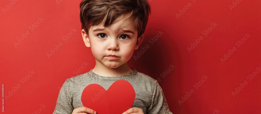 Young Little Boy Kid Holding Heart Paper Shape Over Isolated Red Background Serious Face Thinking About Question Very Confused Idea Young Little Boy Kid Holding Heart Paper Shape Over Isolated Red Background Serious Face Thinking About Question Very Confused Idea
