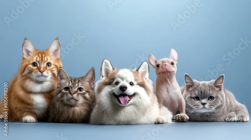 A charming array of adorable pets, including cats and dogs, showcasing their unique personalities against a serene backdrop. photo