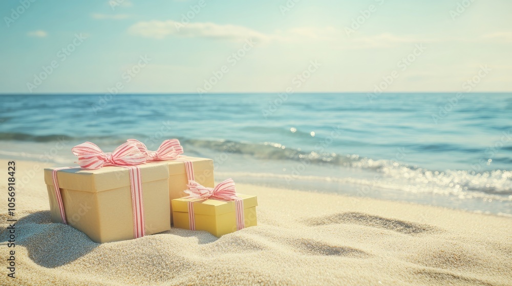 Naklejka premium Gift boxes placed on a sandy shoreline symbolizing summer vacations or holiday getaways by the sea