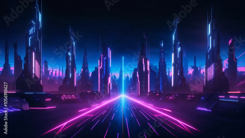 Sci-fi city with towering buildings under a colorful sky photo