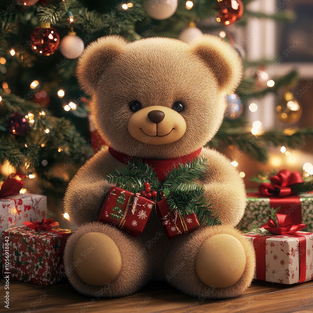 Cute teddy bear wearing a Christmas hat near the decorated tree Cute teddy bear wearing a Christmas hat near the decorated tree