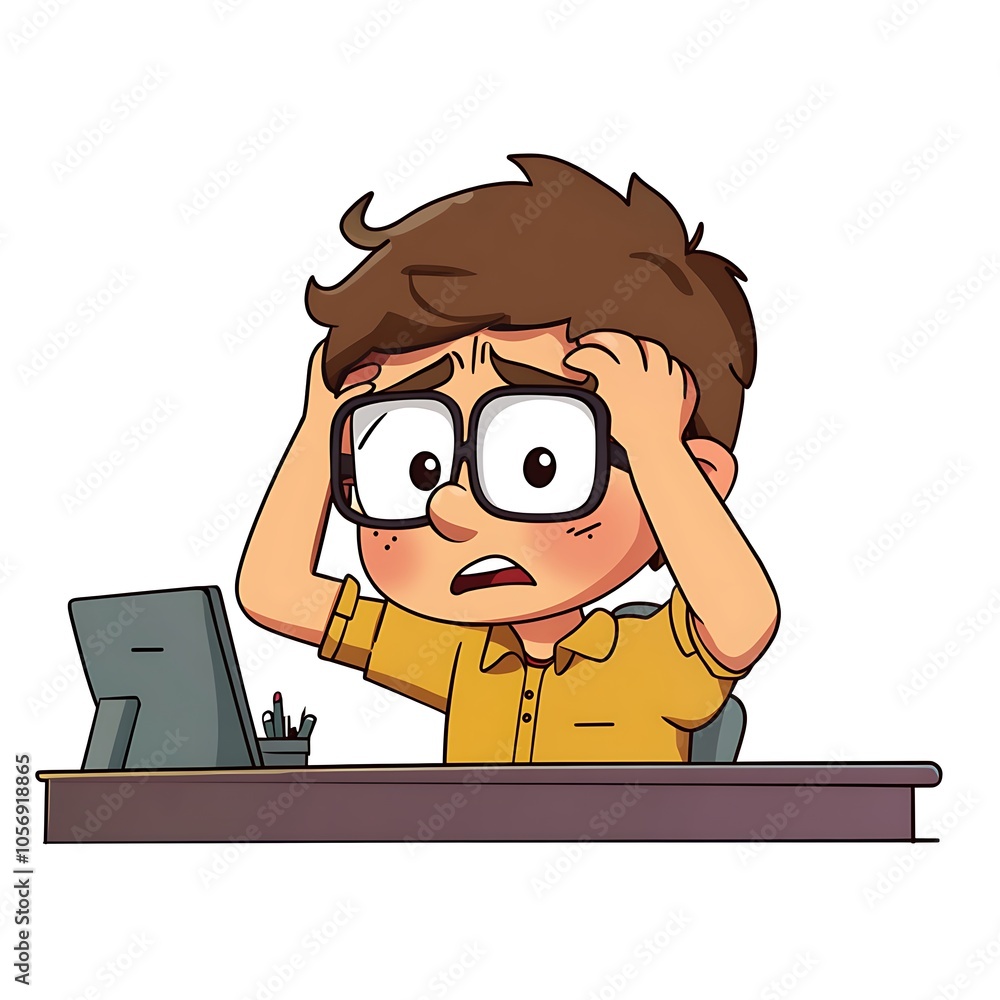 Cartoon employee sitting at a desk, looking stressed while holding his head on a white background. Cartoon employee sitting at a desk, looking stressed while holding his head on a white background.