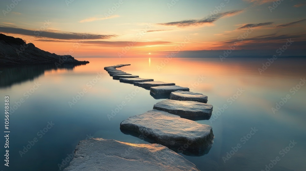 Tranquil sunset reflected on still water with a winding rocky pathway extending towards the horizon creating a peaceful and serene atmosphere Tranquil sunset reflected on still water with a winding rocky pathway extending towards the horizon creating a peaceful and serene atmosphere