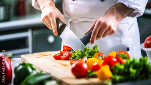 A chef skillfully chopping fresh vegetables on a wooden cutting board in a modern kitchen setting, creating a culinary masterpiece.