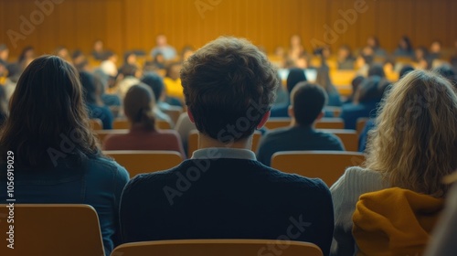 Audience attentively listening to a speaker in a conference room view from behind