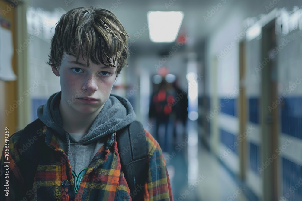 Intense close-up of a young sad frightened boy girl facing bullying at school, surrounded by peers, Generative AI Intense close-up of a young sad frightened boy girl facing bullying at school, surrounded by peers, Generative AI