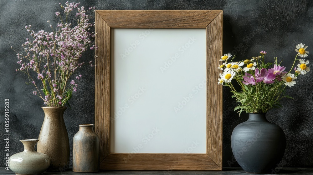 Wooden frame mockup placed on a desk alongside vases filled with flowers against a dark backdrop Wooden frame mockup placed on a desk alongside vases filled with flowers against a dark backdrop