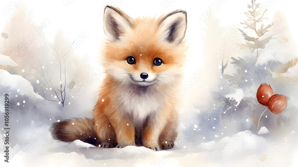 Obraz premium Watercolor illustration, a cute little fluffy fox on a winter background, surrounded by snowdrifts. Christmas cards concept. New Year's theme