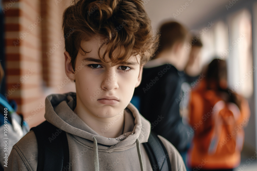 Intense close-up of a young sad frightened boy girl facing bullying at school, surrounded by peers, Generative AI Intense close-up of a young sad frightened boy girl facing bullying at school, surrounded by peers, Generative AI