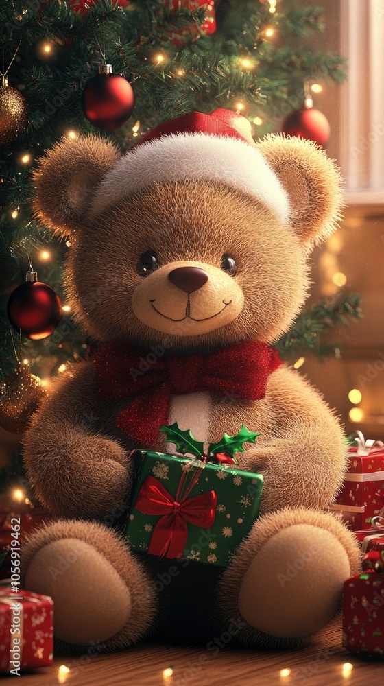 Cute teddy bear wearing a Christmas hat near the decorated tree Cute teddy bear wearing a Christmas hat near the decorated tree
