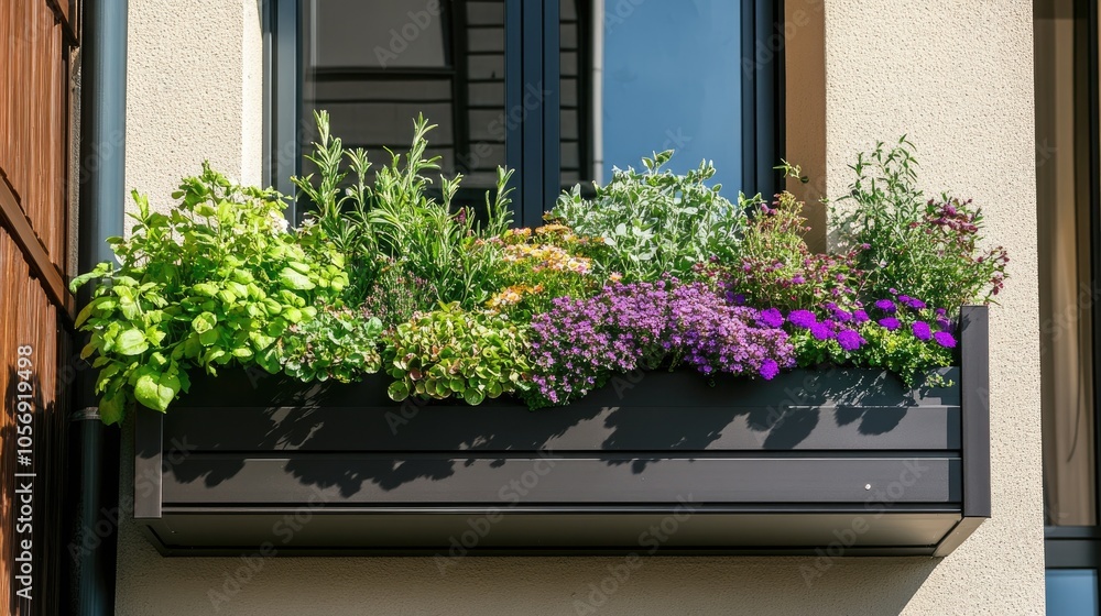 Fototapeta premium Herb garden displayed on a balcony box in a residential setting
