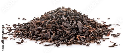 Organic Op Tea On White Background Orange Pekoe Dried Tea Leaves Ceylon Tea Loose Leaf Top View Close Up High Resolution photo