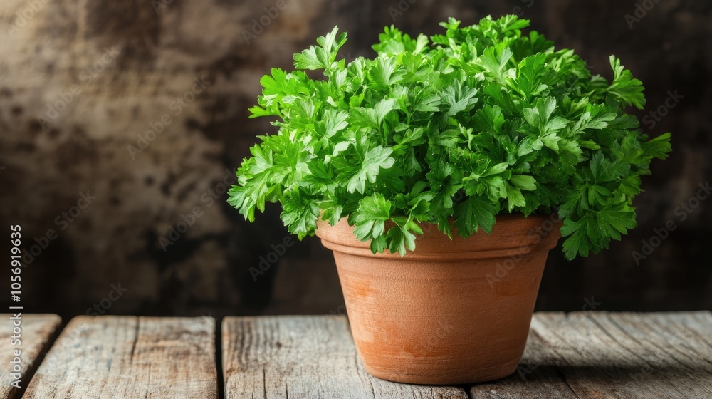 Aromatic organic parsley in a clay pot displayed on a rustic wooden surface Aromatic organic parsley in a clay pot displayed on a rustic wooden surface