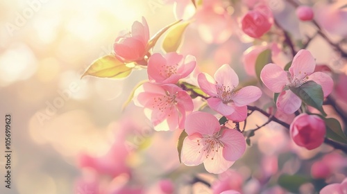 Delicate pink blossoms adorning branches under bright daylight