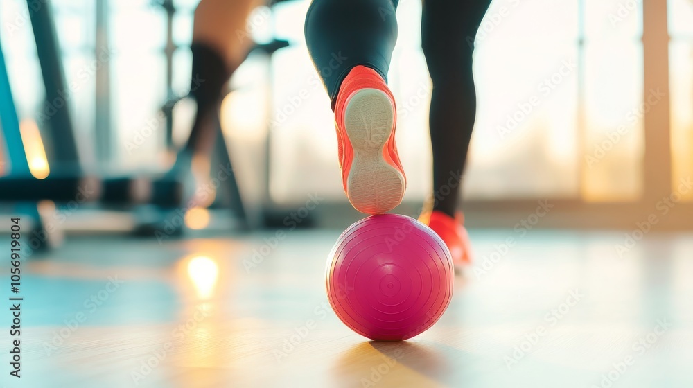 Naklejka premium A close-up of a person's foot rolling a pink exercise ball on a gym floor, highlighting fitness and active lifestyle.