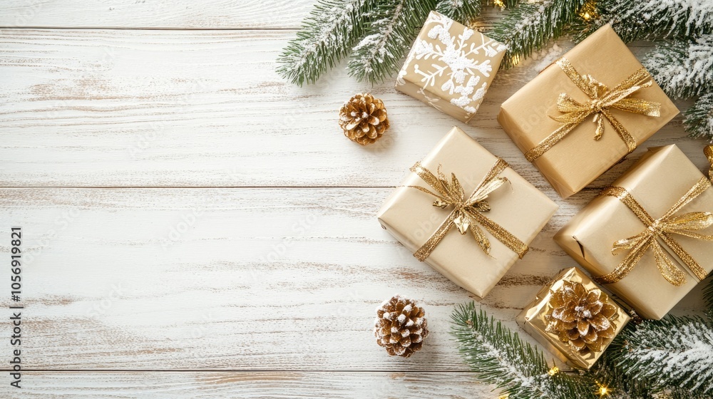 Golden gift boxes a snowy fir tree and festive decorations arranged on a white wooden tabletop in a flat lay composition