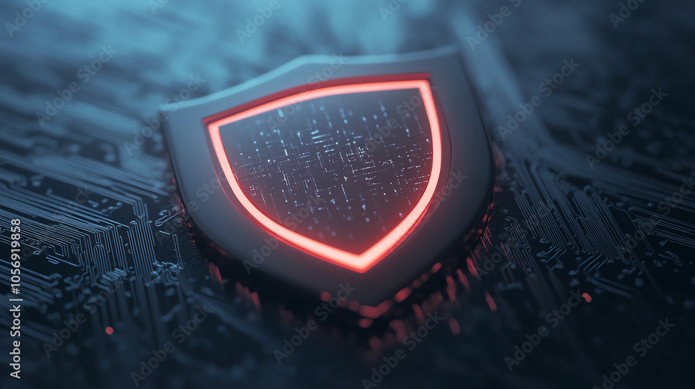 A digital shield icon illuminated with a red glow, set against a circuit board background, symbolizing cybersecurity and digital protection.