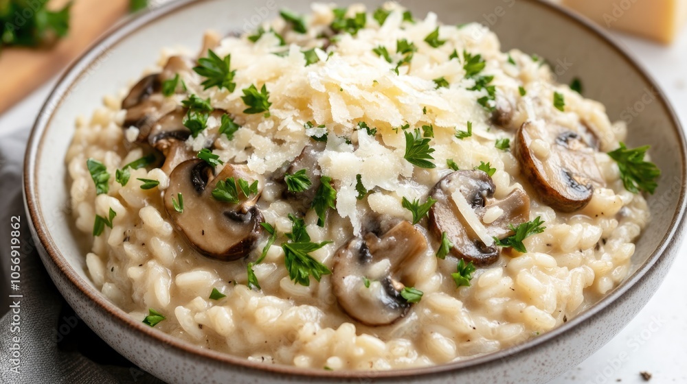 Creamy mushroom risotto topped with cheese and fresh parsley in a bowl Creamy mushroom risotto topped with cheese and fresh parsley in a bowl