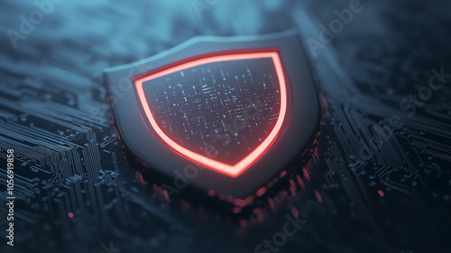 Obraz na płótnie A digital shield icon illuminated with a red glow, set against a circuit board background, symbolizing cybersecurity and digital protection. w salonie