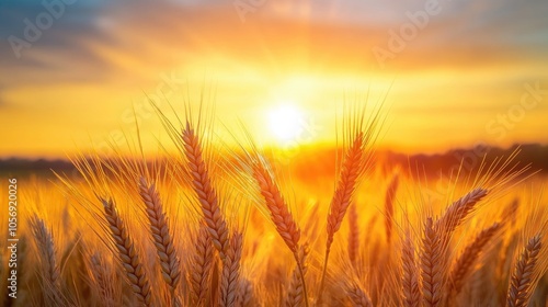 Fototapeta Naklejka Na Ścianę i Meble -  Golden wheat ears against a sunset sky Close up of a beautiful natural field with sun flare Ripening wheat signifies abundant harvest Stunning summer or autumn nature scenery