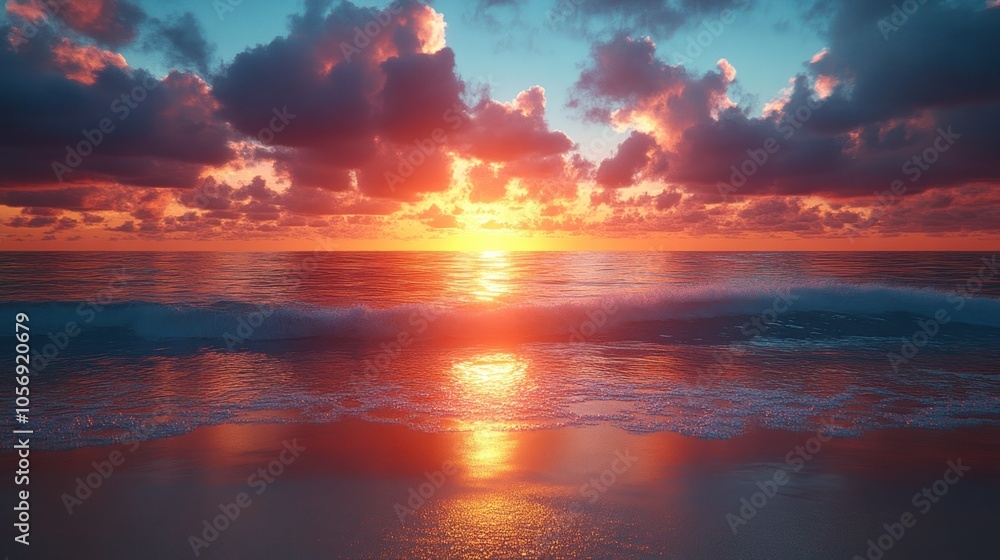 Obraz premium Vibrant sunset over the ocean with colorful clouds and gentle waves.