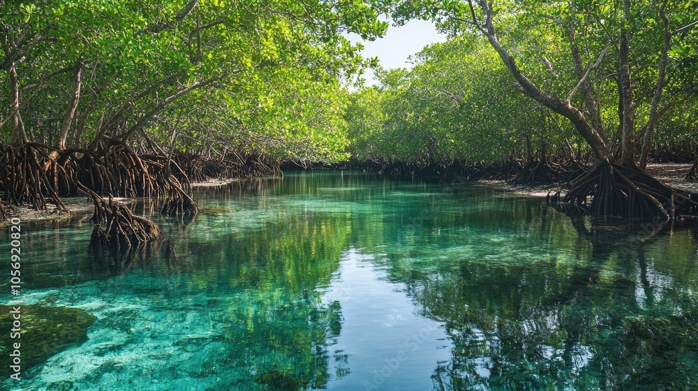 Mangrove trees beside the clear turquoise waters of a stream Mangrove ecosystem Mangrove trees beside the clear turquoise waters of a stream Mangrove ecosystem