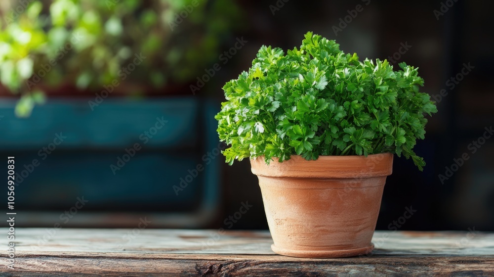 Aromatic organic parsley in a clay pot displayed on a rustic wooden surface Aromatic organic parsley in a clay pot displayed on a rustic wooden surface