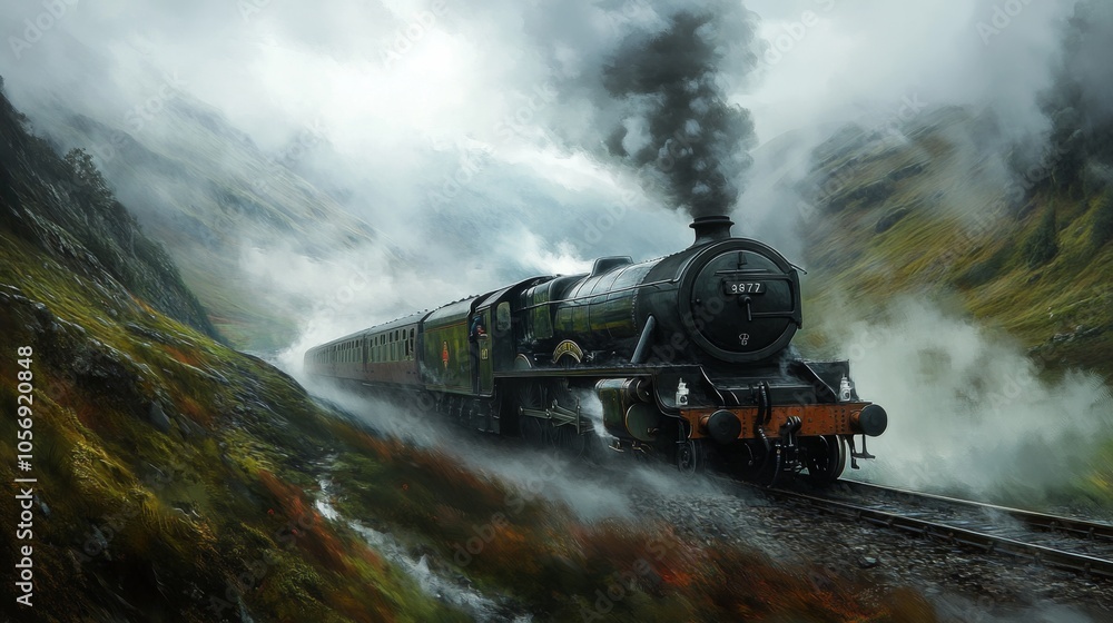 Steam Locomotive Chugging Through Misty Mountain Pass Steam Locomotive Chugging Through Misty Mountain Pass