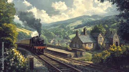 Steam Train Arriving at a Rural Train Station with Stone Buildings and Rolling Hills