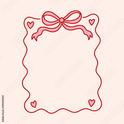 Frame of coquette pretty charming pink bows and hearts. Hand drawn trendy ribbons border. Vintage bowknots frame for greeting cards, wedding, invitations, social media