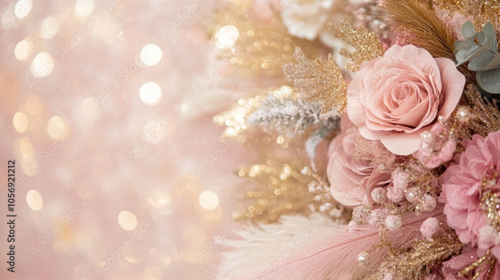 Romantic Christmas themed backdrop in shades of pink and rose featuring gold accents with sparkling glitter delicate feathers and floral elements Romantic Christmas themed backdrop in shades of pink and rose featuring gold accents with sparkling glitter delicate feathers and floral elements