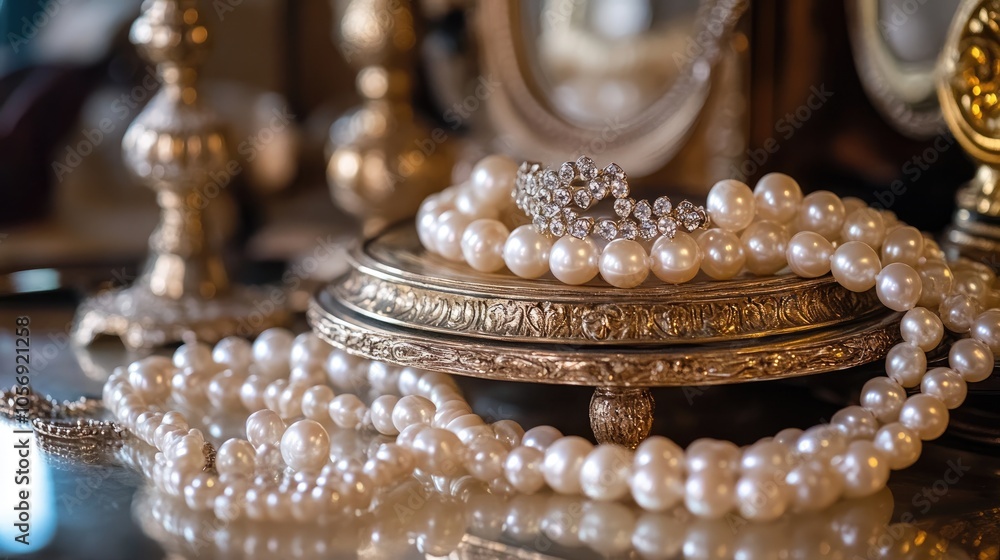 Elegant pearl necklaces and accessories artfully displayed on a vanity surface Elegant pearl necklaces and accessories artfully displayed on a vanity surface