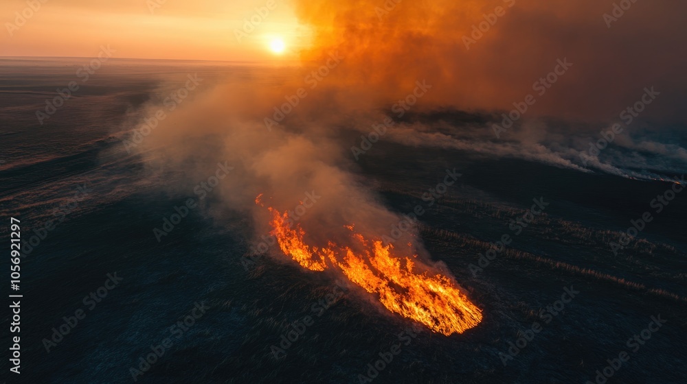 Aerial perspective of wildfire consuming grassland at sunset creating a smoke plume Representation of environmental disaster and climate change issues Aerial perspective of wildfire consuming grassland at sunset creating a smoke plume Representation of environmental disaster and climate change issues