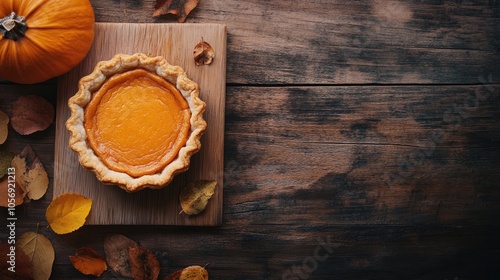 Thanksgiving concept featuring a homemade pumpkin tartlet and mini pie on a wooden surface Celebrating healthy autumn cuisine Banner design