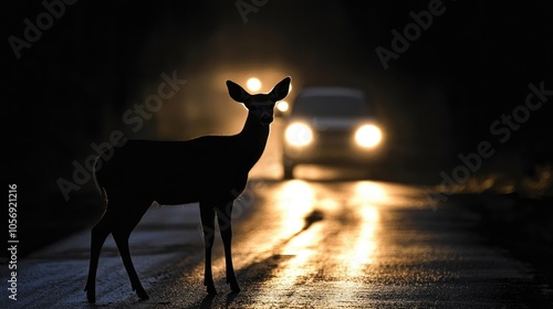 Silhouette of a deer illuminated by car headlights on a dimly lit road