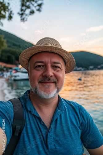 An influencer smiles widely while taking a selfie on the beach at sunset, with calm waters and picturesque mountains providing a stunning backdrop