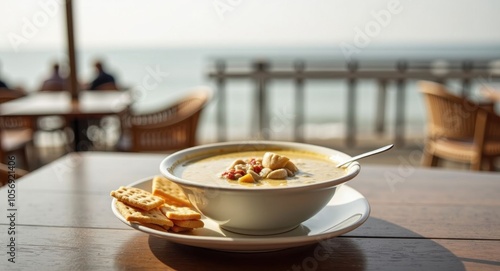 A bowl of creamy clam chowder with oyster crackers on a seaside restaurant table