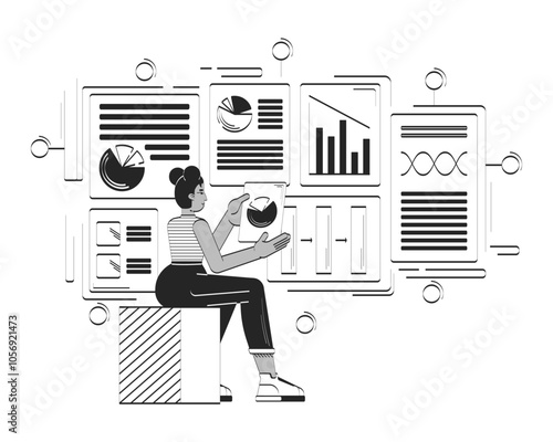 Data-driven product management doodle line illustration concept. Business analyst with charts. Project manager african american woman 2D outline character isolated. Hand drawn ink drawing monochrome