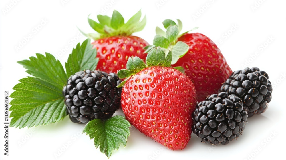 Fresh strawberries and blackberries adorned with vibrant green leaves on a white background ideal for healthy eating and dessert themes Fresh strawberries and blackberries adorned with vibrant green leaves on a white background ideal for healthy eating and dessert themes